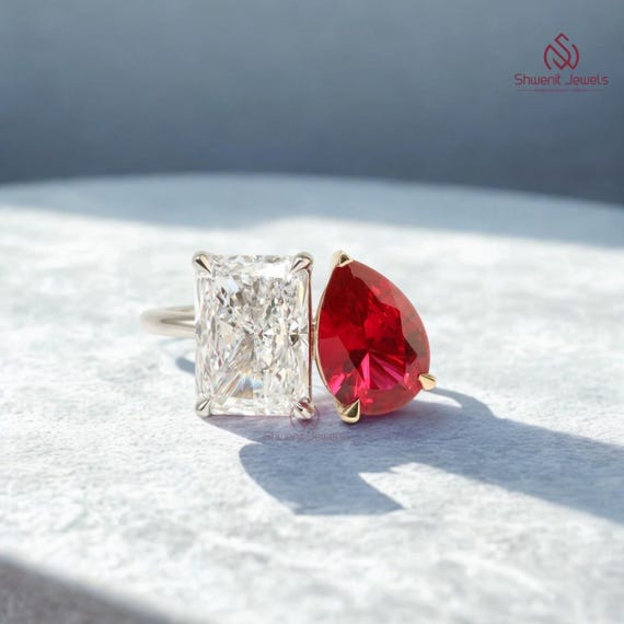 3CT Toi et Moi Ring with Radiant Cut & Pear Ruby, 14K Gold Two-Stone Engagement Ring, Unique Couple Ring, Birthstone Jewelry Gift for Her