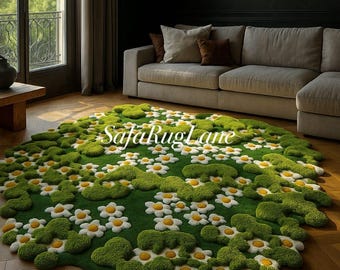 Moss Green Floral Round Rug Hand Tufted Irregular Daisy Rug 3D Flower Carpet for Living Room Soft Green Floral Tufted Rug