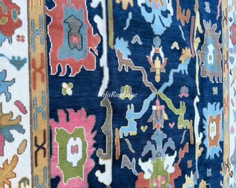 Marineblauwe Oushak-tapijt | Handgeknoopt Turks Oushak-tapijt | Opvallend wollen tapijt met tribale bloemen | Traditioneel Anatolisch vloerkleed