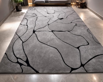 Luxury Modern Abstract Gray Black Area Rug Hand Tufted Contemporary Carpet for Living Room Bedroom Premium Designer Rug 5x8 6x9 8x10 9x12