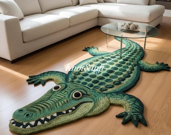 Doing Goods Coolio Crocodile Rug – 100% Hand-Tufted Wool Animal Shaped Green Rug Quirky Alligator Carpet for Living Room Kids Room Nursery