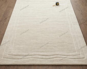 Luxury Ivory Minimalist Area Rug, Handmade Tufted Wool Carpet, Modern Neutral Living Room Rug, Soft Plush Bedroom Rug, Large Cream