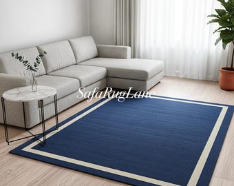 Luxury Bordered Navy Blue Area Rug for Living Room | Modern Minimalist Wool Carpet | Elegant Navy & Cream Border Design | Contemporary Rug