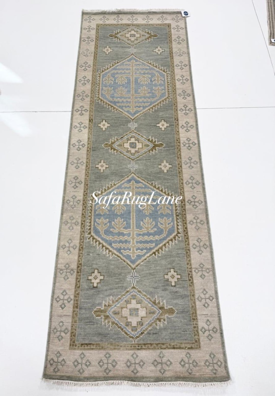 Bow Rug Runner Boho Farmhouse Runner Rug Hand Knotted Oushak Wool Runner Neutral Blue ...