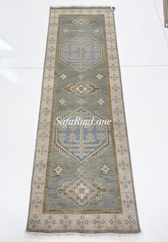Boho Farmhouse Runner Rug  Hand Knotted Oushak Wool Runner  Neutral Blue Beige Hallway Carpet