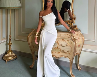White One Shoulder Maxi Dress, Draped Grecian Style Evening Gown