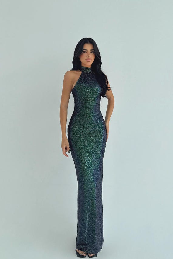 Elegant Glitter Halter Neck Bodycon Maxi Dress for Evening and Party Glam