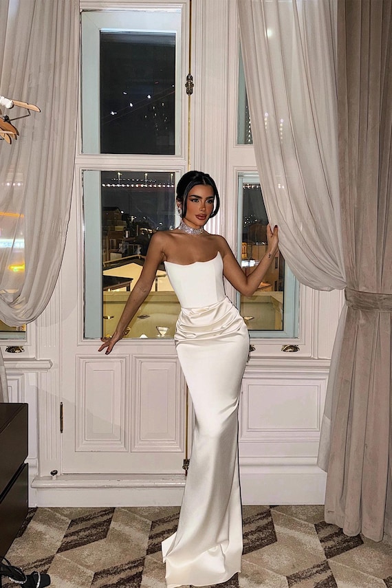 draped fitted dress White black Strapless Evening Gown – Fitted Draped Formal Dress