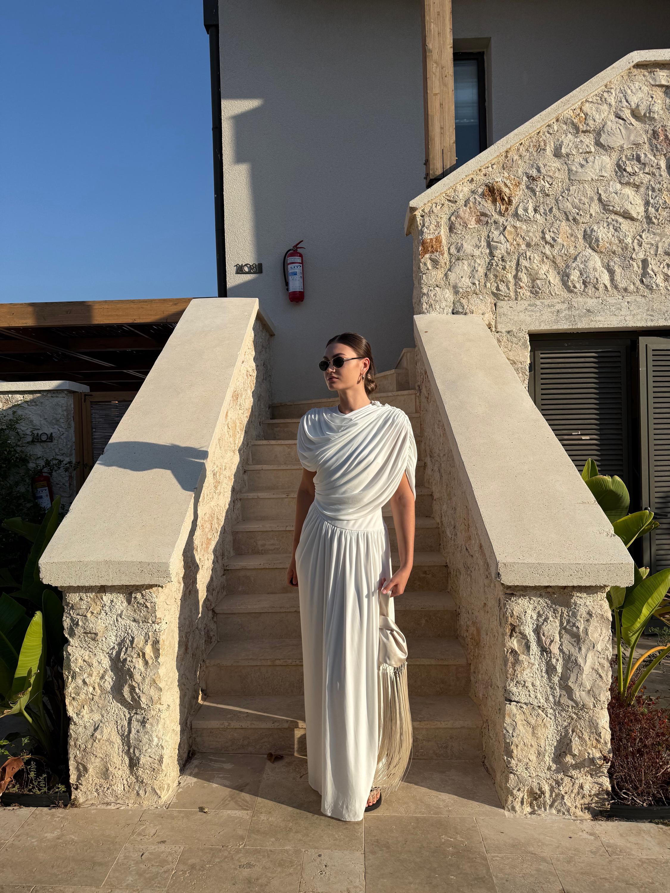 slim fit dress slacks Grecian Goddess Silk One Shoulder Gown
