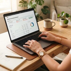 Peut inclure: Un ordinateur portable argenté affichant un tableau de bord financier 2024 avec des graphiques et des tableaux de données. L'écran montre les revenus, les dépenses et un suivi budgétaire. Un carnet, un stylo, une tasse et une plante sont sur le bureau.