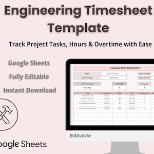 Pode incluir: Um ecrã de computador exibe um "Modelo de Folha de Tempo de Engenharia" com o texto "Acompanhe as Tarefas do Projeto, Horas e Horas Extras com Facilidade". O modelo é para Google Sheets, totalmente editável e download instantâneo.