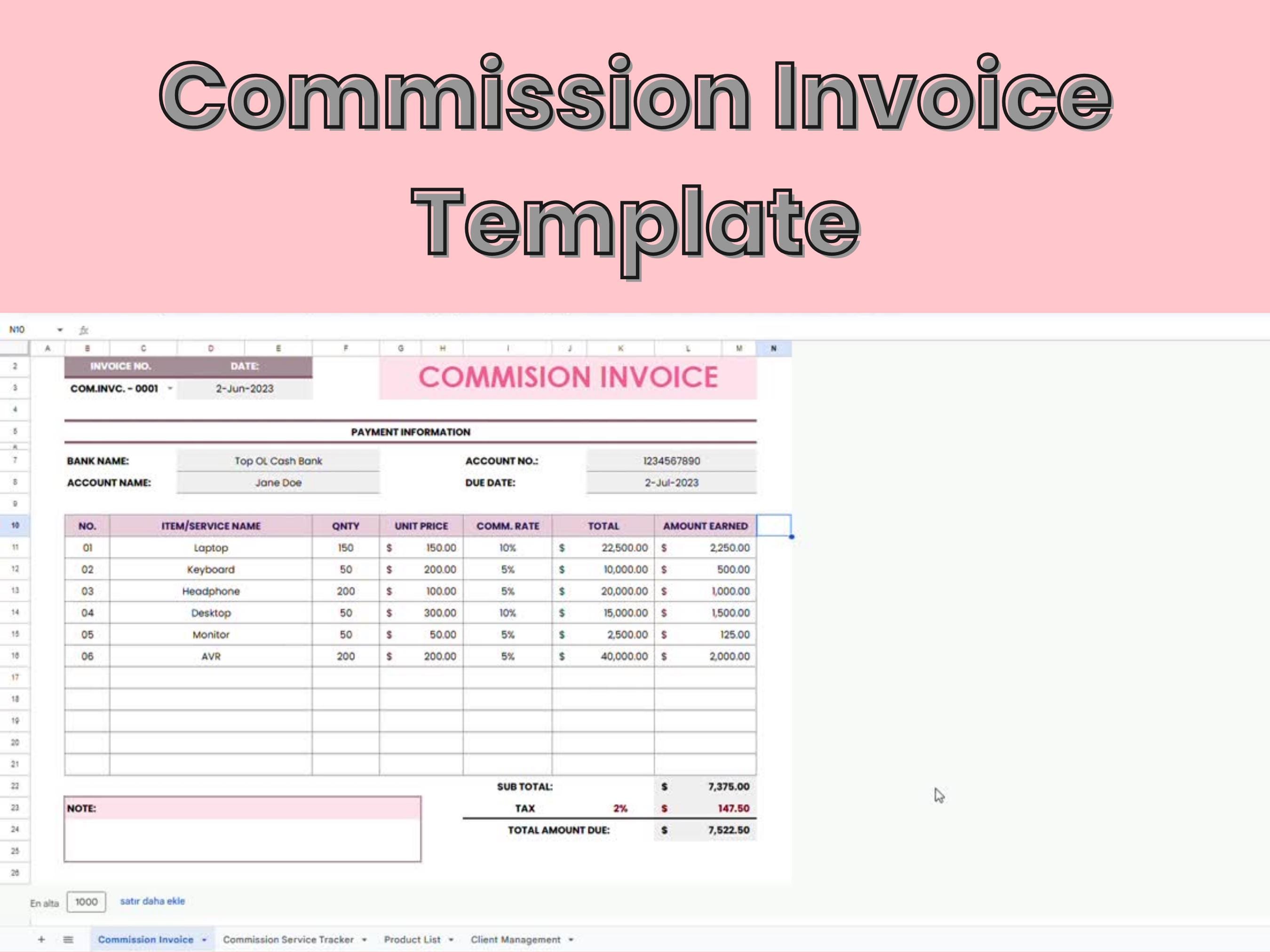 Commission Bill Format In Excel Commission Invoice Template | Google Sheets Sales Commission Receipt - Etsy