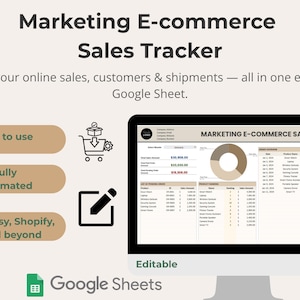 May include: A computer monitor displays a "Marketing E-commerce Sales Tracker" spreadsheet. The screen shows sales data, with a pie chart and a list of products. Text on the screen says "Easy to use", "Fully automated", and "For Etsy, Shopify, and beyond."