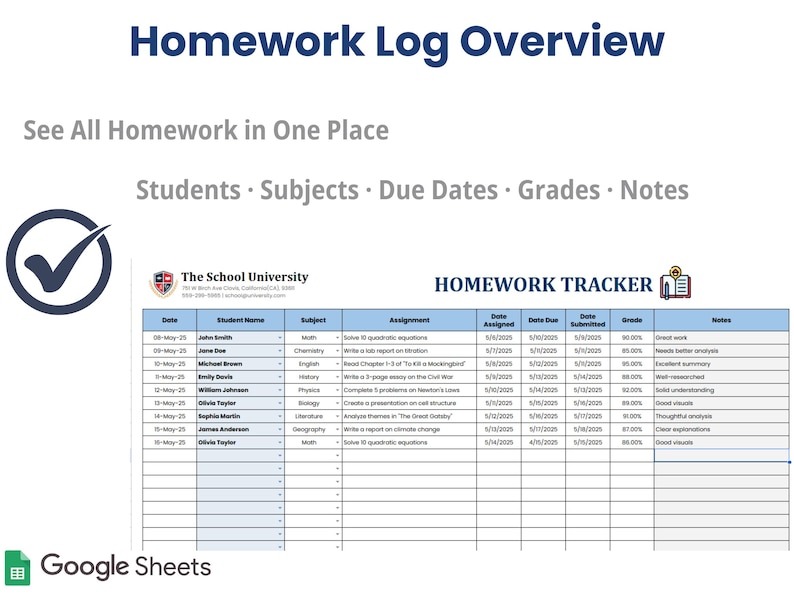 Student Homework Tracker | Google Sheets Assignment Grade Template ...