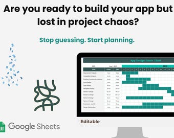 Diagrama de Gantt para diseño de aplicaciones, Planificador de proyectos, Gestor de tareas, Hojas de cálculo de Google, Desarrollo de aplicaciones, Plantilla digital