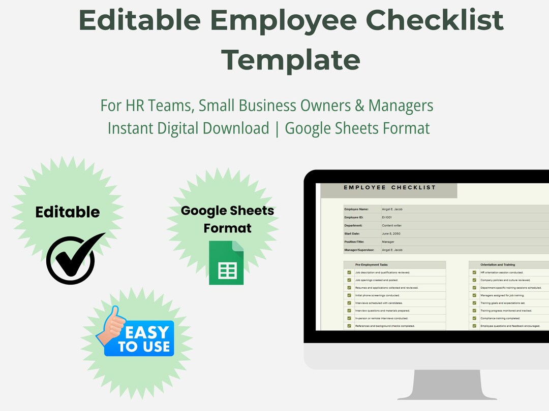 Editable Employee Checklist Template Google Sheets | Digital Download ...
