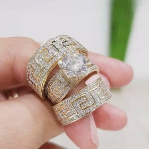 His & Her Trio Ring Set, 14K Yellow Gold Plated Silver 3.5CT Round Cut Diamond Wedding Engagement Trio Ring Set, Anniversary/ Valentine Gift
