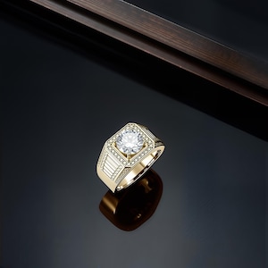 14k Yellow Gold Plated Men&#39;s Moissanite Engagement Ring, Men&#39;s Diamond Ring, Solid Men&#39;s Ring, Rings for Men, Father&#39;s Day Gift for Him