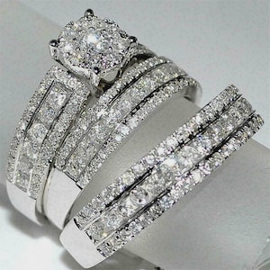 Round Cut Diamond Wedding Bridal Trio Ring Set Matching Eternity Band Engagement Ring Set For Women 14K White Gold Plated Gorgeous Ring