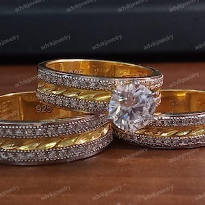 3.00Ct Her/Him Trio Bridal Ring Set Round Diamond Wedding, Matching Band Engagement Ring Set, For Gorgeous Ring Band, 14K Yellow Gold Plated