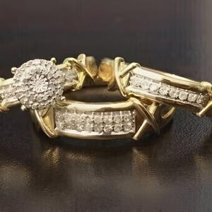 For Her/Him Trio Ring Set Round Diamond Wedding Matching Eternity Band, Engagement Ring Band Set, Gorgeous Ring Band, 14k Yellow Gold Plated
