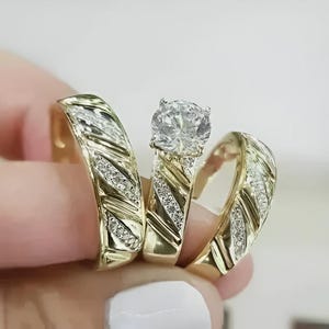 His & Her Trio Ring Set, 3CT Round Diamond Engagement Trio Ring Set, Anniversary/Valentine Gift, 14K Yellow Gold Plated, 925 Sterling Silver