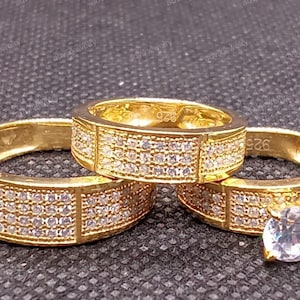 Her/Him Trio Bridal Ring Set Round Diamond Wedding Matching Eternity Band Engagement Ring Set For Women Gorgeous Ring 14K Yellow Gold Plated