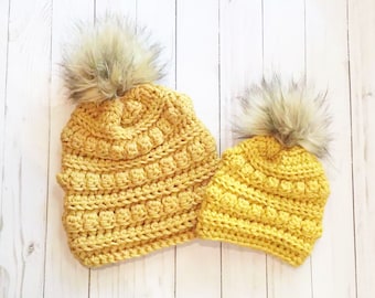 Mommy and Me crochet hats || Toddler crochet  Toboggan || Crochet Fur pom hat || Matching beanies || Crochet hats ||