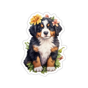 Floral Pups Berner Sennenhund Welpe Vinyl Aufkleber, wasserdicht für Wasserflaschen, Scrapbook, Journals, Laptop, Karten