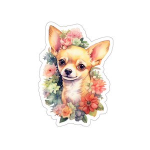Floral Pups Chihuahua puppy Vinyl Sticker, Waterproof for Water Bottles, Scrapbook, Journals, Laptop, Cards