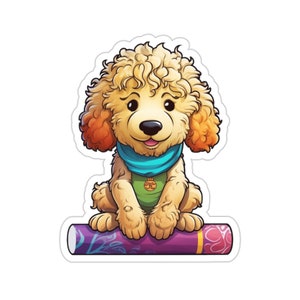 Yoga Pups Goldendoodle puppy Vinyl Sticker, Waterdicht voor waterflessen, Scrapbook, Tijdschriften, Laptop, Kaarten
