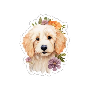 Adesivo de vinil floral filhotes Goldendoodle filhote de cachorro, à prova d'água para garrafas de água, álbum de recortes, diários, laptop, cartões