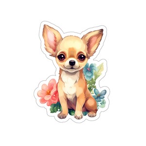Floral Pups Chihuahua puppy Vinyl Sticker, Waterproof for Water Bottles, Scrapbook, Journals, Laptop, Cards