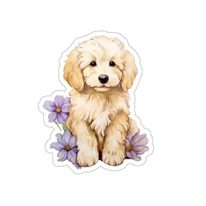 Floral Pups Goldendoodle puppy vinyl sticker, waterdicht voor waterflessen, plakboek, tijdschriften, laptop, kaarten
