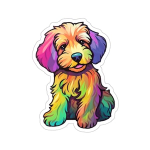 Neon Regenbogen 90er Welpen Labradoodle Welpe Vinyl Aufkleber, wasserdicht für Wasserflaschen, Scrapbook, Journals, Laptop, Karten