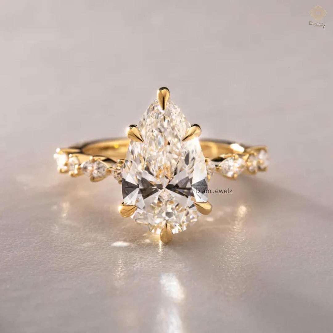 2 CT Lab Grown Diamond Engagement Ring Pear Cut Gold Band Unique ...