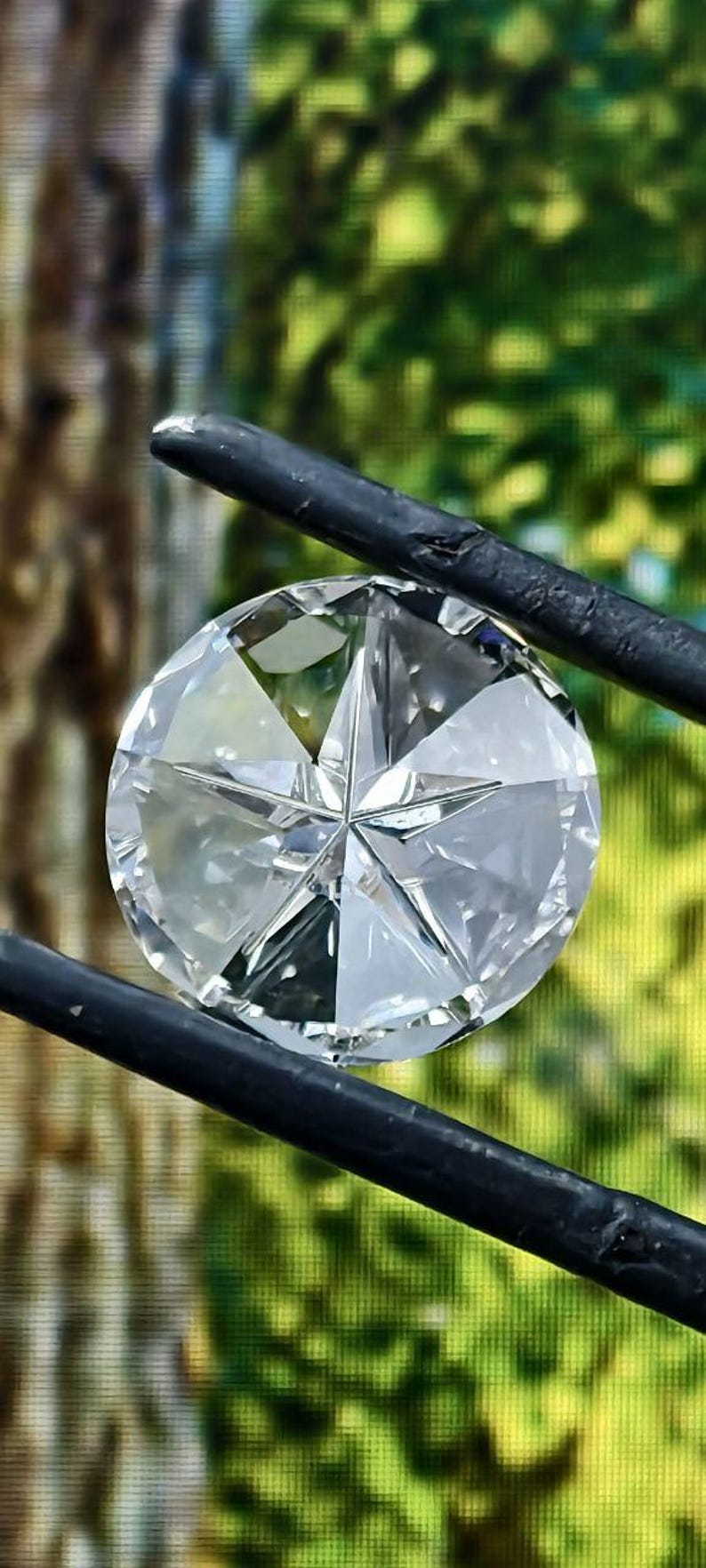 May include: A clear, round-cut diamond with a star-shaped facet pattern. The diamond is held by black tweezers against a blurred green and brown background. Jewelry and gemstone.
