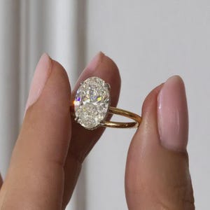 4 Carat Oval Cut Lab Grown Diamond Hidden Halo Engagement Ring, Solitaire With Accent Stone Wedding Ring , 14K Solid Gold Bridal Ring