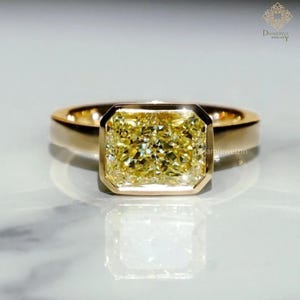 Bezel Set 3.10 Ct Canary Yellow Radiant Cut Moissanite Engagement Ring, Crushed Ice Radiant Cut Ring, Elongated Radiant, Bezel Set Ring