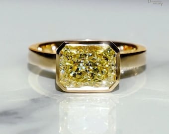 Handmade 3.10 Ct Canary Yellow Moissanite Radiant Cut Bezel Ring.