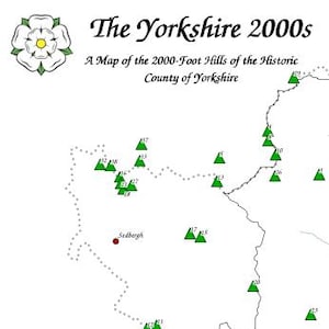 May include: A map titled "The Yorkshire 2000s" showing the 2000-foot hills of the historic County of Yorkshire. The map features green triangle markers, red dots, and a compass rose. Text includes hill names and elevations.