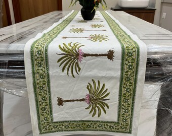 Moss Green Palm Three Table Runner, French Table Runner, Indian Hand Block Printed Boho Wedding Custom Table Runner, Runner For Kitchen