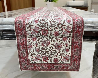 Pale Rose Floral Table Runner, Reusable Indian Dining Table Linen For Boho Party Wedding, Hand Block Printed Table Runner, Washable Gifts