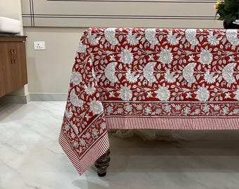 Garnet Red Floral Tablecloth, Hand Block Print, Indian Cotton