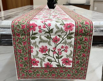 Genuine Pink Floral Indian Hand Block Printed Table Runner, Reusable Indian Dining Table Linen For Wedding, Floral Runner Christmas Gift’s