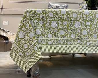 Handblock Gedruckte Tischdecke, Sedum Grün Floral, Indische Baumwolle Abendessen Cover