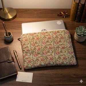 Peut inclure: Une housse d'ordinateur portable rectangulaire en tissu vert olive clair avec un motif floral dense et répétitif dans des tons de rouge, blanc et vert foncé. La housse est dotée d'une fermeture éclair sur le dessus et contient un ordinateur argenté.