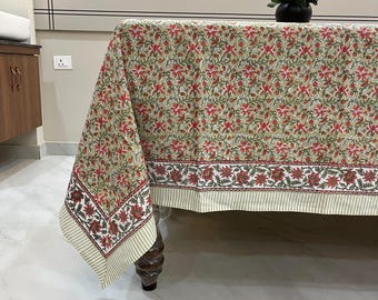 Hand Block Printed Cotton Tablecloth, Floral Jaipur Design
