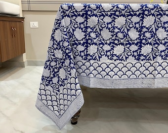 Hand Block Printed Royal Blue Floral Tablecloth, Cotton Dining Table Cover