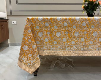 Yellow Floral Block Print Cotton Tablecloth, Indian Decor